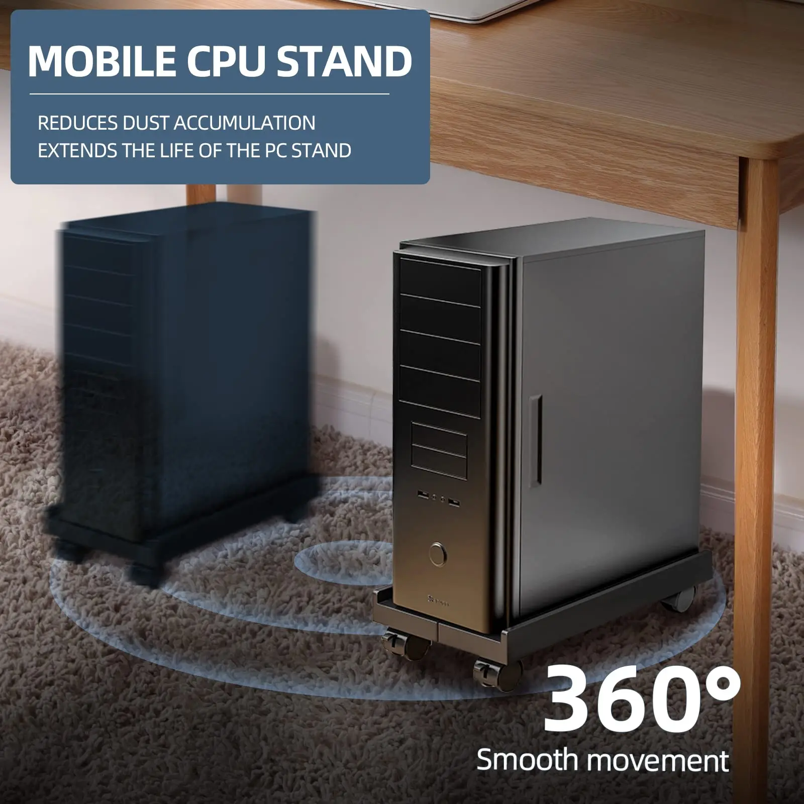 Computer Tower Stand Adjustable Mobile CPU Ventilated With 4 Caster Wheels Fits Most PC Under Desk Holder