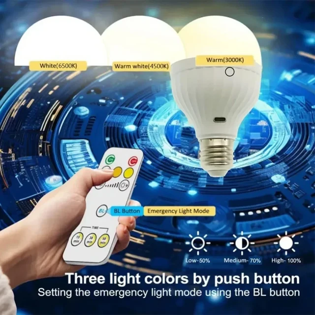 Bombilla LED de 8W con control remoto para el hogar, luz blanca cálida  recargable por USB C, corte de emergencia, batería de 2600mAh/2200mAh -  AliExpress
