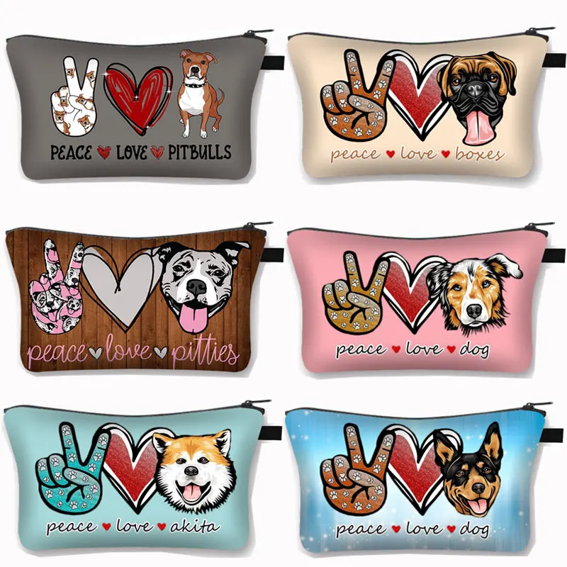 

Peace Love Dog Cosmetic Case Women Makeup Bags Pitbull Akita German Shepherd Ladies Cosmetic Case Girls Make Up Organizers Bag