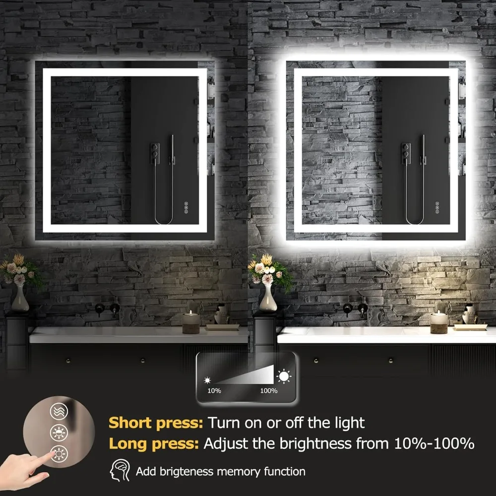 LED Bathroom Mirror Lights 36"x 36" Wall Vanity LED Stepless Dimmable,Double Front and Backlight,Anti-Fog,Memory Smart Mirror
