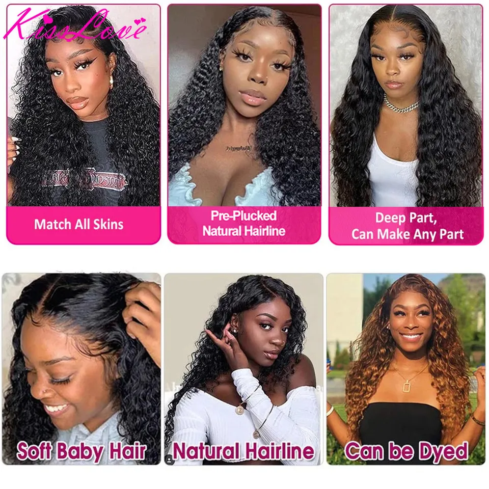 Kiss Love Water Wave 360 Full Lace Frontal Human Hair Wigs Pre Plucked For Black Women 250% Density Brazilian HD Lace Front Wigs