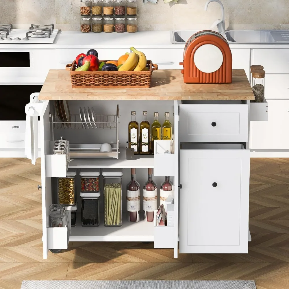 with Drop Leaf, 53.9" Width Rolling Wheels with Internal Tier Pull Out Cabinet Organizer, Kitchen Storage Cart Spice