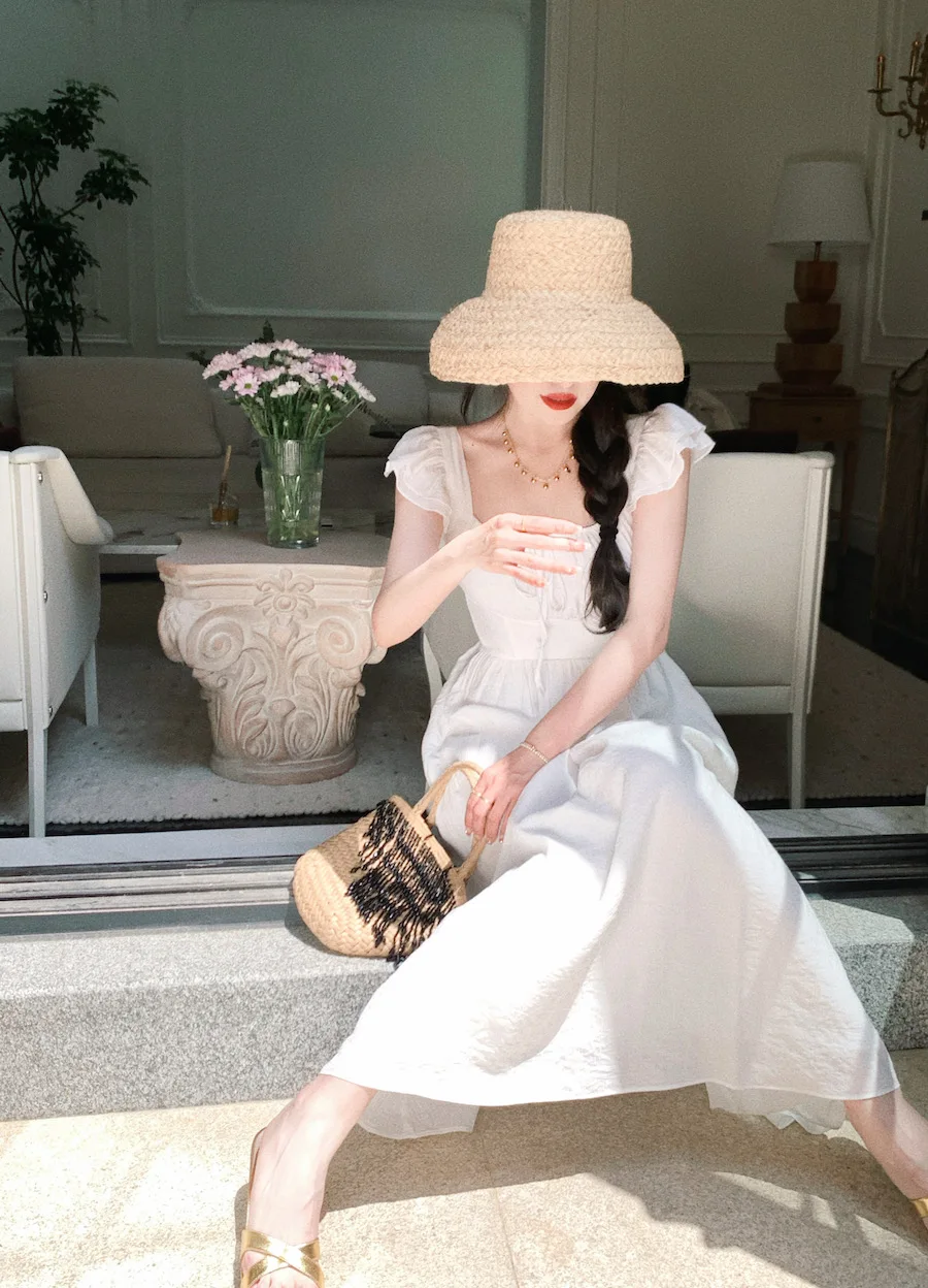 Elegant Vintage Midi Dresses for Women Summer New Square Collar High Waist Princess Party Dress Casual A-line Vestido Mujer