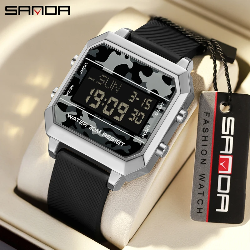 SANDA Watch Square Electronic Watch Multi functional Waterproof Alarm Clock Night Glow Electronic Watch Student Fashion Sports
