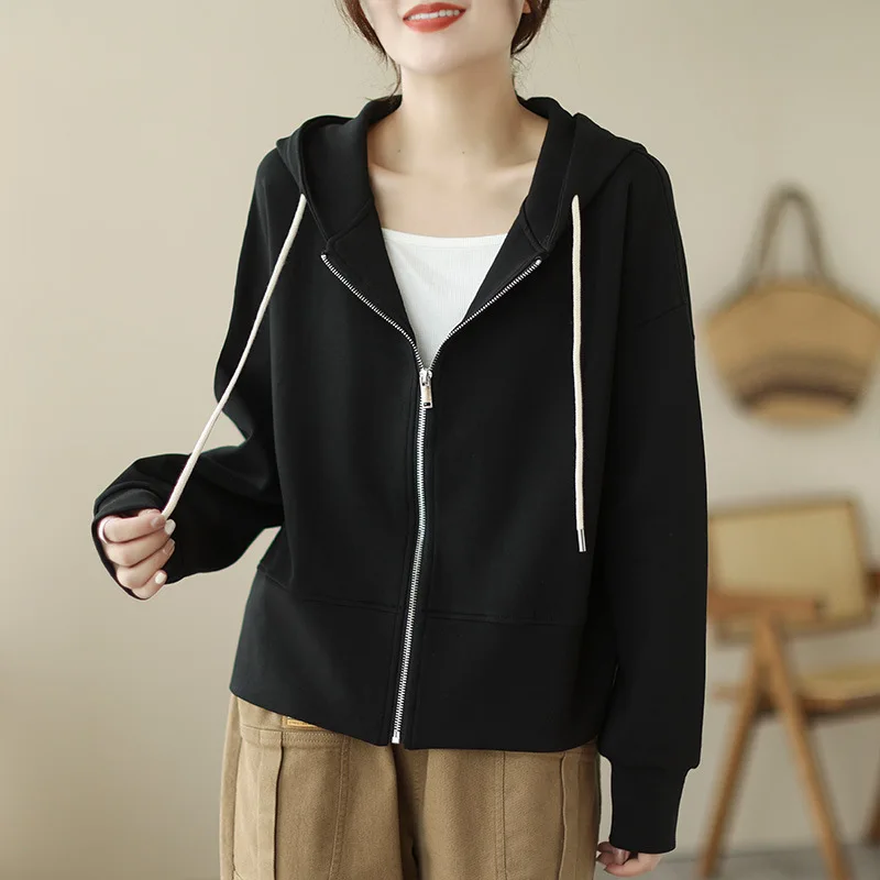 Women Trendy Simple Casual Streetwear Hooded Sweatshirts Y2K Female Autumn Solid Cotton Loose Long Sleeve Zipper Hoodies Jackets