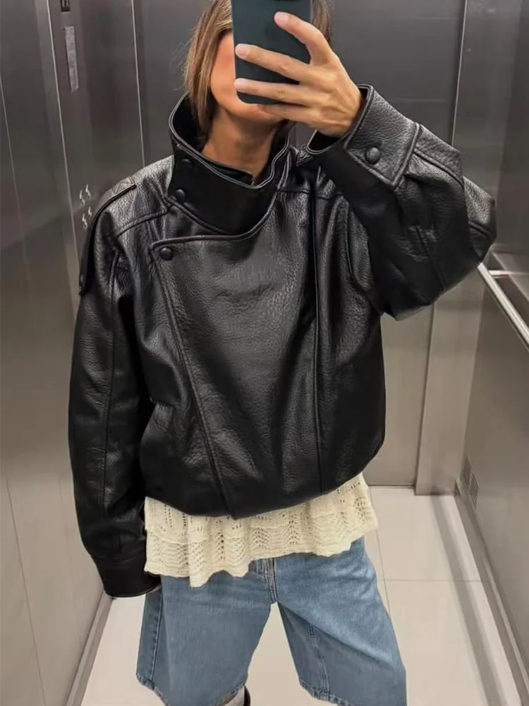 Women Fashion Leather Jacket Autumn Winter Loose Causal PU Faux Leather Jackets Coat Fashion Street Motorcycle Jackets - 2