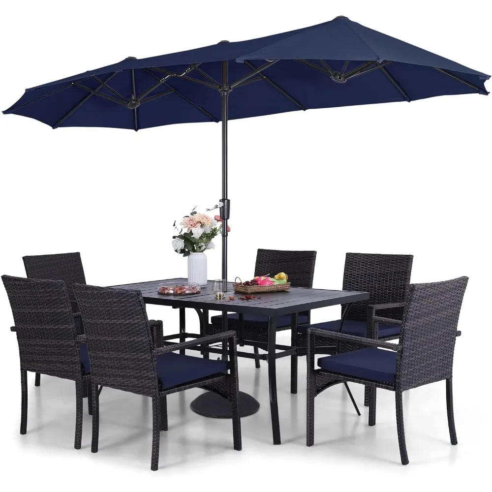 

7 Pieces Patio Dining Furniture with 13 Ft Navy Double-Sided Twin Umbrella Outdoor Rattan Chairs Metal Table Set with Cushions