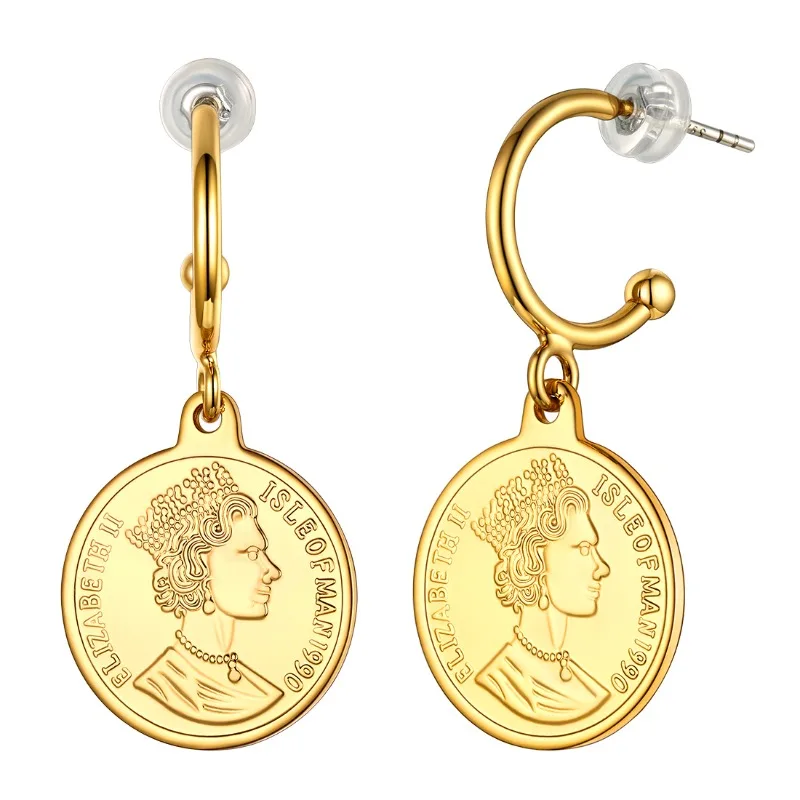 

15mm Gold Queen Coin Drop Earrings S925 Silver Needles Trendy Jewlry for Women