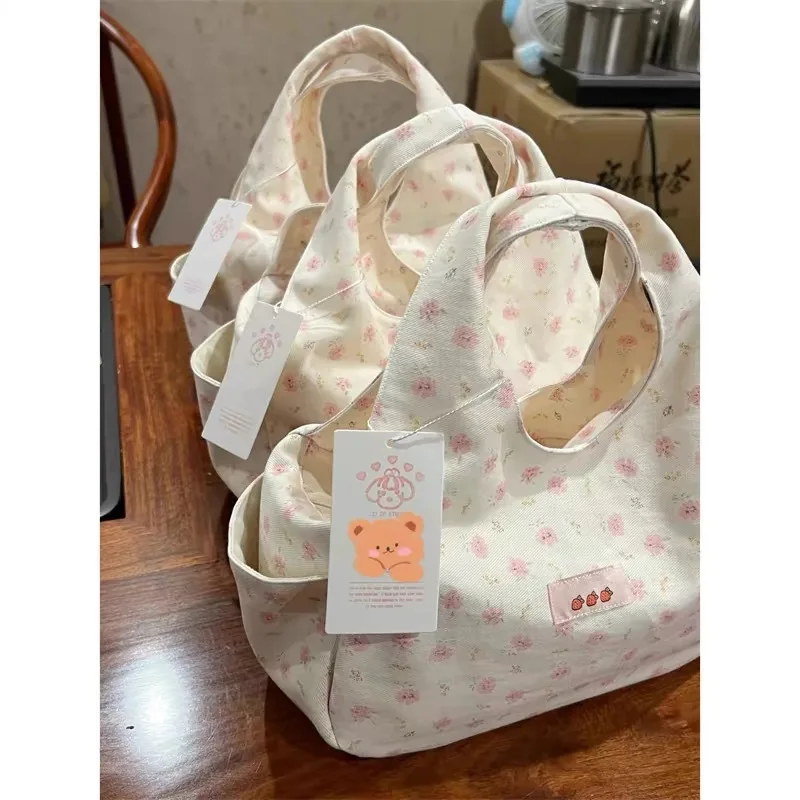 

Large Capacity Flower Print Simple Cute Women Tote Bag Canvas School Girl Shopping Handbags Fashion 2024 New Chic Travel Casuals