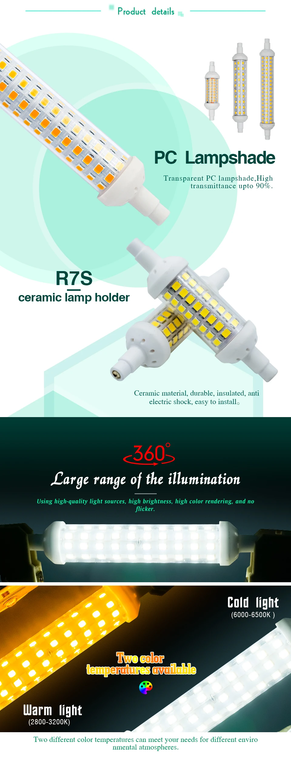 Description Picture 4 of itemR7S LED Ceramics Tube SMD 2835 Bulb 78MM 118MM 135MM High Power R7s Corn Lamp J78 J118 J135 Replace Halogen Light 220V Lampadas