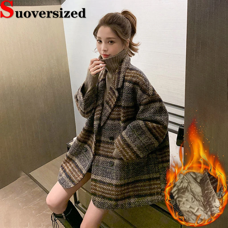 

Vintage Plaid Mid-length Woolen Coats Winter Warm Quilted Overcoat Thicken Women Wool Blend Jackets Korean Elegant Loose Abrigos