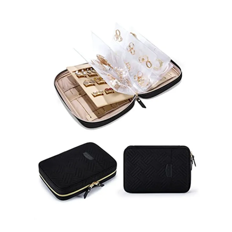 Multi-layer Jewelry Travel Organizer Black Pink Storage Box with Clear Booklet Zipper Pouch Bag Fabric Jewelry Packaging Holder