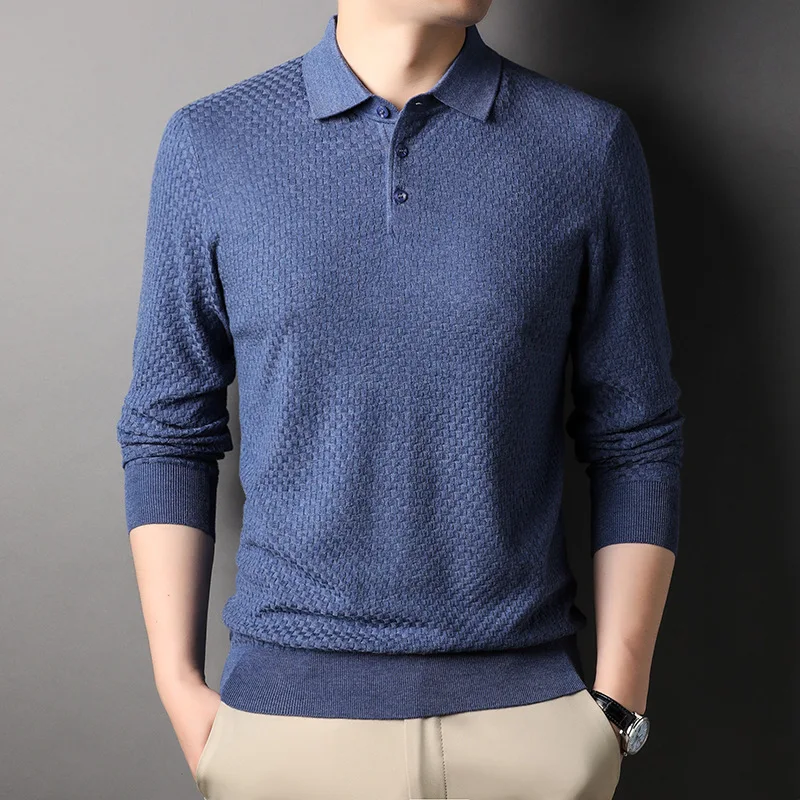 

2023 Spring and Autumn New Casual Polo Neck Knit Men's Wool Nylon Silk Smooth and Smooth Checkerboard Pullover Bottom Shirt
