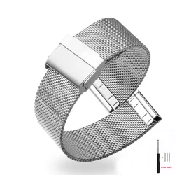 Stainless Steel Milanese Mesh Watch Strap with Safety Buckle - Universal Flat Head Wristband - 22mm (Silver)