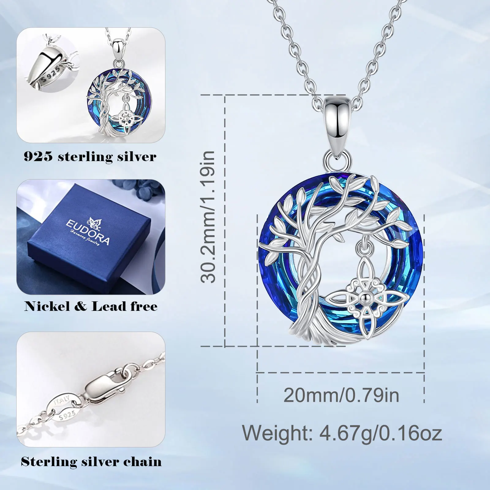 Eudora 925 Sterling Silver Witch Knot Necklaces For Men Women Austrian Crystal Tree of Life Amulets Necklaces Witchcraft Jewelry pendant necklace