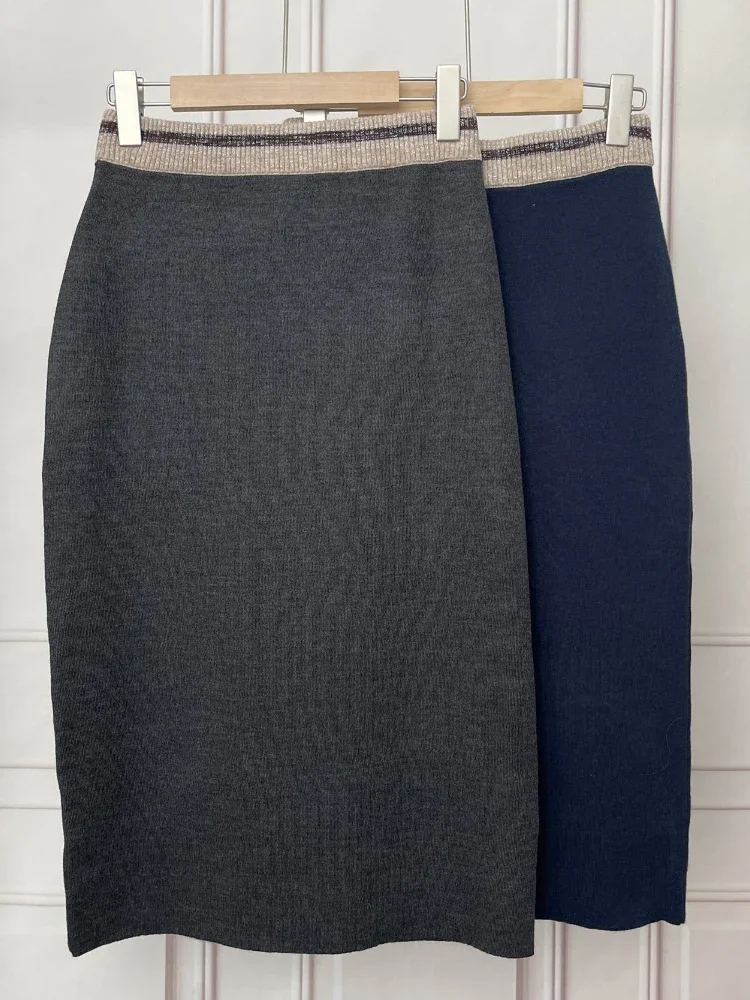 

2023 Spring and Summer New Women Skirt Contrasting Color Plain Weave Straight Knit Wool Mid-length Skirt