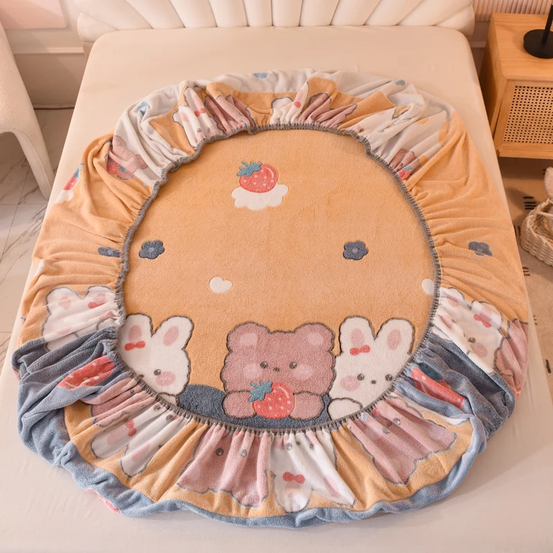 1Pcs Milk Velvet Printed Fitted Sheet Cute Style Warm Mattress Antibacteri Cover Four Corners With Elastic Band  Queen king size 4