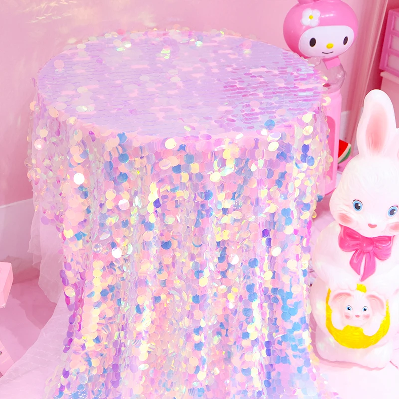 

Pink Imitation Mermaid Scale Dreamy Round Sequins Tablecloth Laser Shiny Shooting Decorative Cloth Party Favor Background Cloth