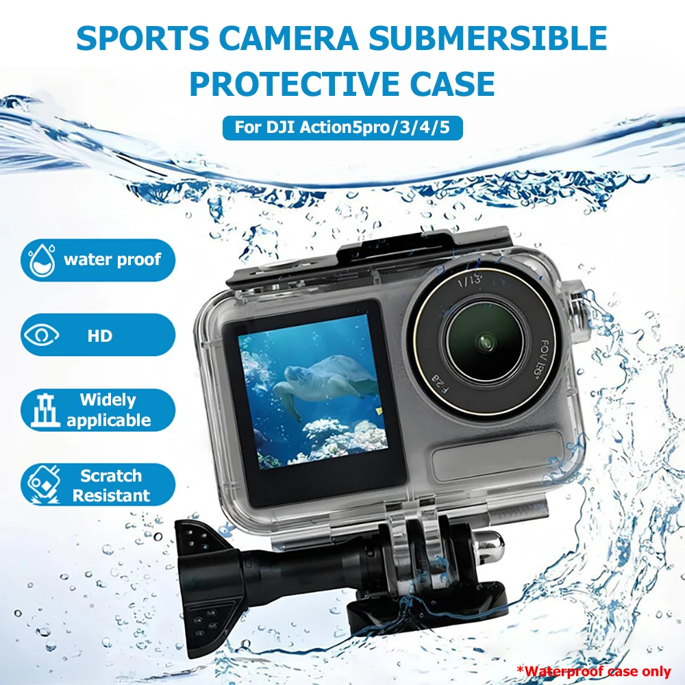 Boîtier de plongée étanche 60M pour DJI Osmo Action 5 Pro/4/3 fixé sur une caméra, prêt à plonger.