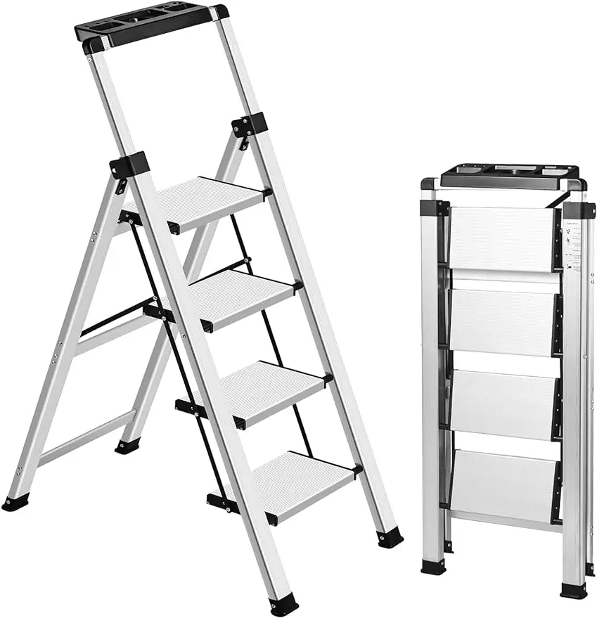 

XinSunho 4 Step Ladder, Retractable Handgrip Folding Step Stool with Anti-Slip Wide Pedal, Aluminum Stool Ladders 4 Steps, 330lb