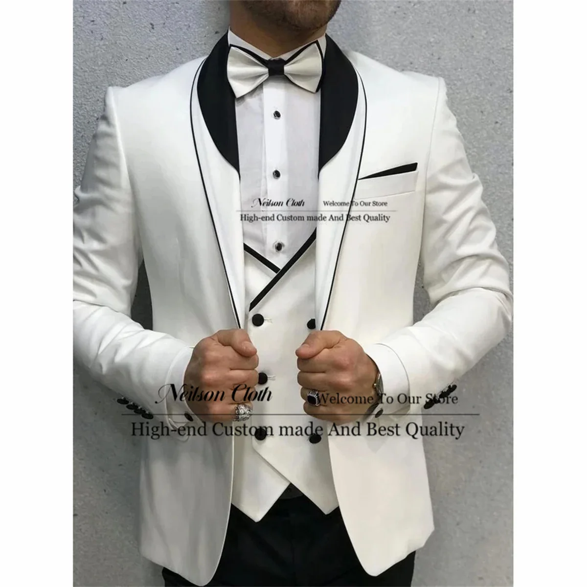 

Fashion Shawl Lapel Male Prom Blazers 3 Pieces Sets Black Pants Groom Wedding Tuxedos For Men Slim Fit Groomsmen Costume Homme