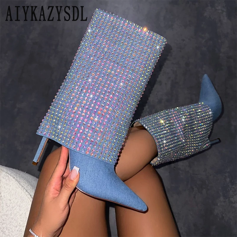

AIYKAZYSDL 2024 Autumn Winter Crystal Blue Denim Mid-calf Boots Zapatos Mujer Women Pointed Toe Booties Fashion Shoes Plus Size