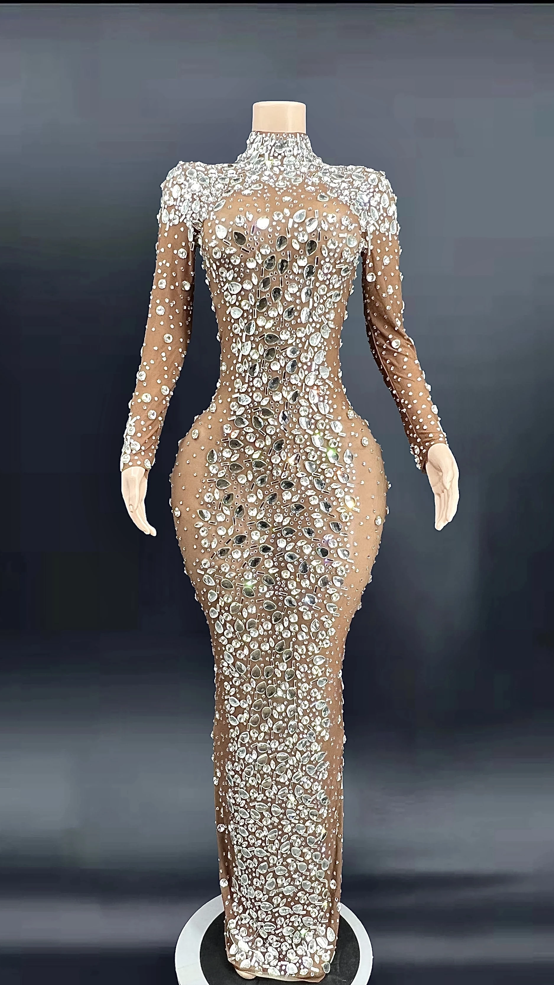 SeCrystals Stage Singer Host Mesh Dress Luxury Wedding Party Costume Birthday Outfit  Rhinestones Nude Transparent longth Dress