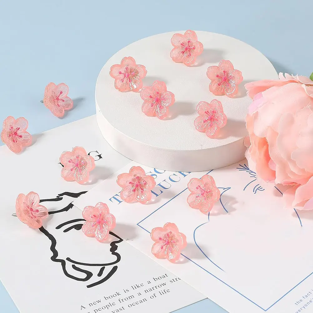 30Pcs 벚꽃 푸시 핀 핑크 장식 꽃 푸시 핀 코르크 보드 게시판 사무용품 우아한 꽃무늬