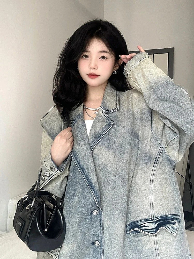 

American Style Retro Washed Old Denim Coat Women's Suit Spring and Autumn Simple All-match Design Sense Loose Long-sleeved Top