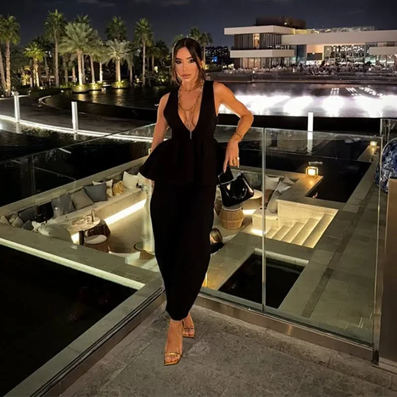 Black Elegant Pant Suit Women V-neck Sleeveless Ruffles Tank Tops Loose Trouser Female 2 Pieces 2025 Fashion Lady Outfits New