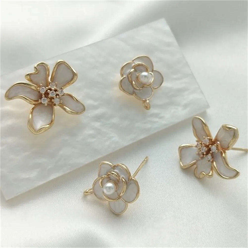 14K Gold Coated Oil Camellia Flower with Hanging Ring Flower Shaped Earrings 925 Silver Needle DIY Earrings Ear Accessories E304