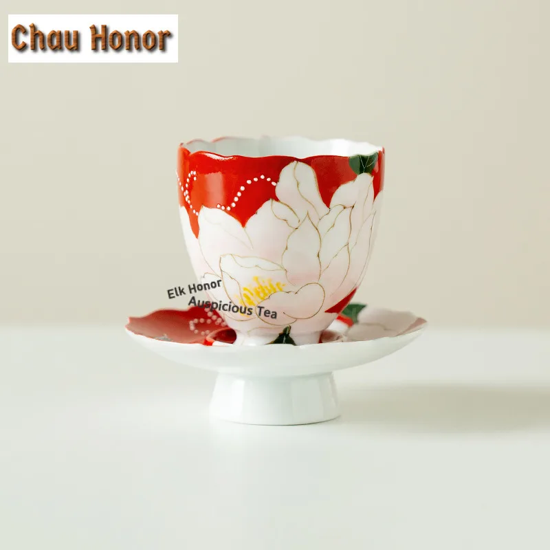 75ml Hand-painted Butterfly Peony Red Teacup Elegant Tea Bowl Cup Holder Kits Tea Tea-tasting Smelling Cup Jianzhan Master Cups