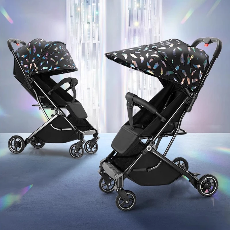 Lightweight Stroller Folding Simple High Landscape Newborn Stroller with Telescopic Trolley Shock Absorption Rubber Wheels