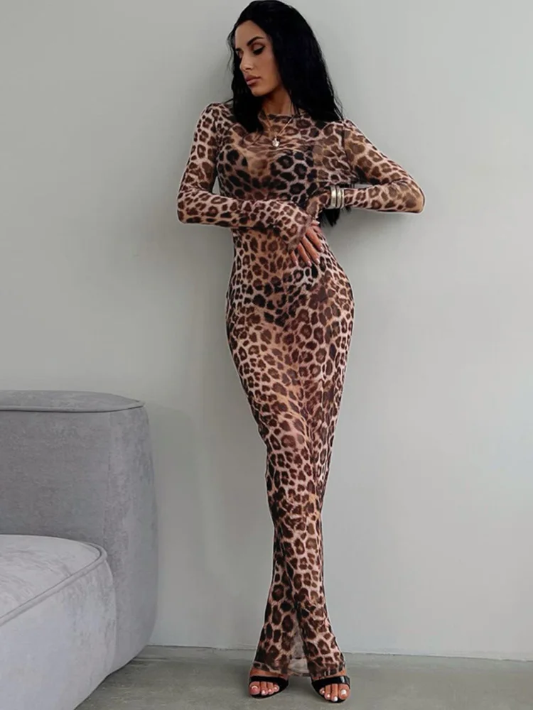Women's Summer 2025 Leopard Print Mesh Dress Sexy O-neck Long Sleeve See-through Slim Fit Streetwear for Holiday Parties 2