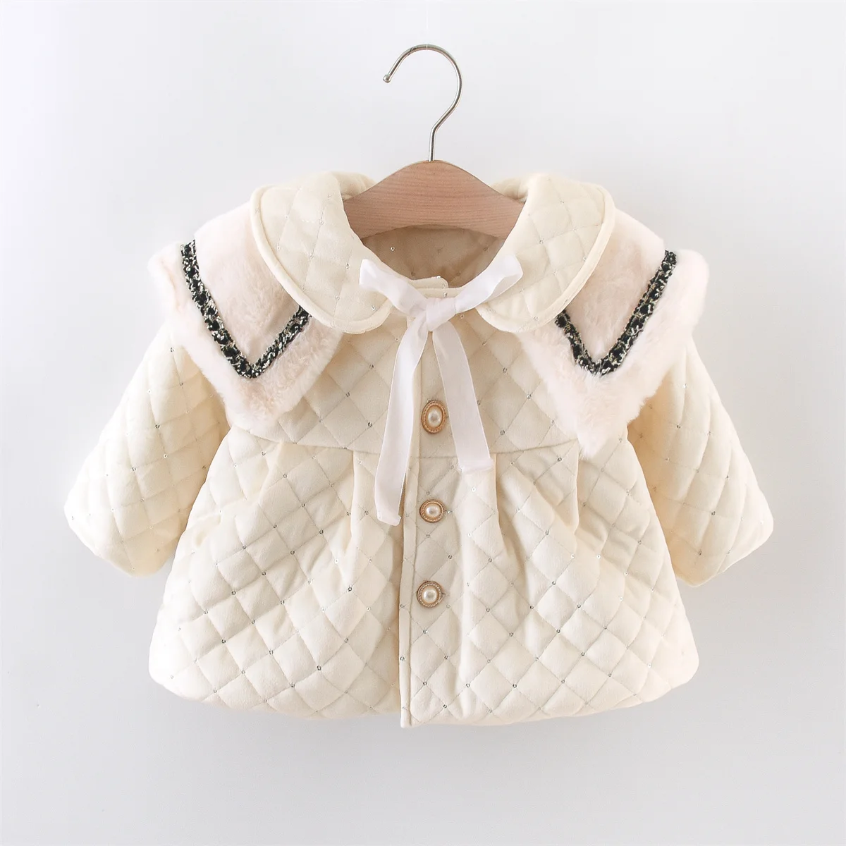 Winter Baby Girl Large Neck Thick Sequin Quilted Single Breasted Solid Color Cotton Filled Warm Windbreaker