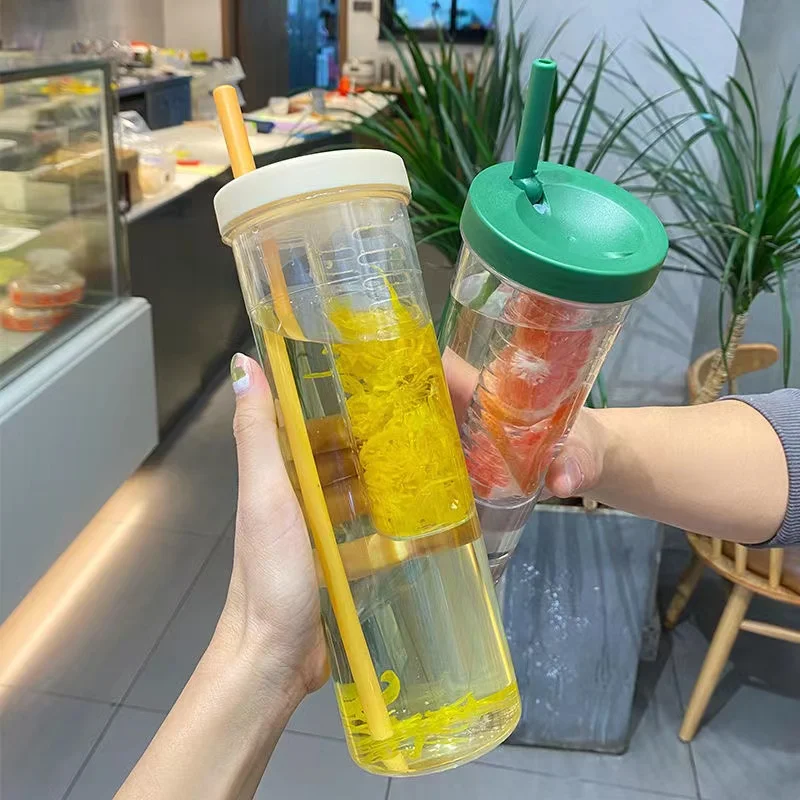 700ML Folding Straw Cup Transparent Large Capacity Water Bottles Portable Juice Cups Lemon Filter Cute Drinking Bottle for Girl