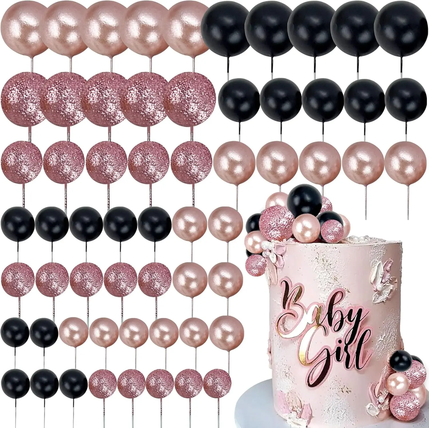 60 Stück Roségold Schwarze Kugeln Kuchen Topper Luftballons Cupcake Topper DIY Kuchen Topper Dekoration für Hochzeitstag Geburtstag – Detail 7