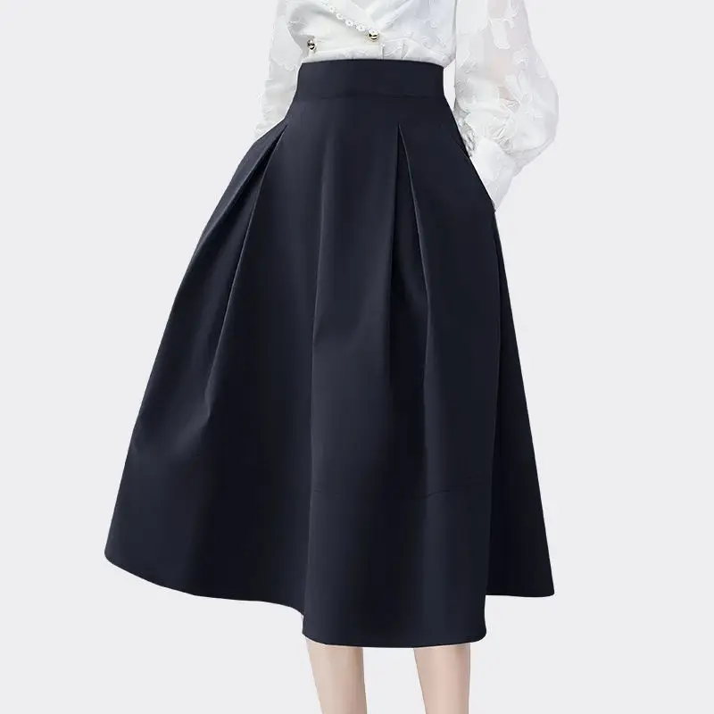 

Elegant Women Spring Autumn New Pockets Casual Loose Female High Waist A Line Skirt Ladies Solid Color Midi Skirts Faldas