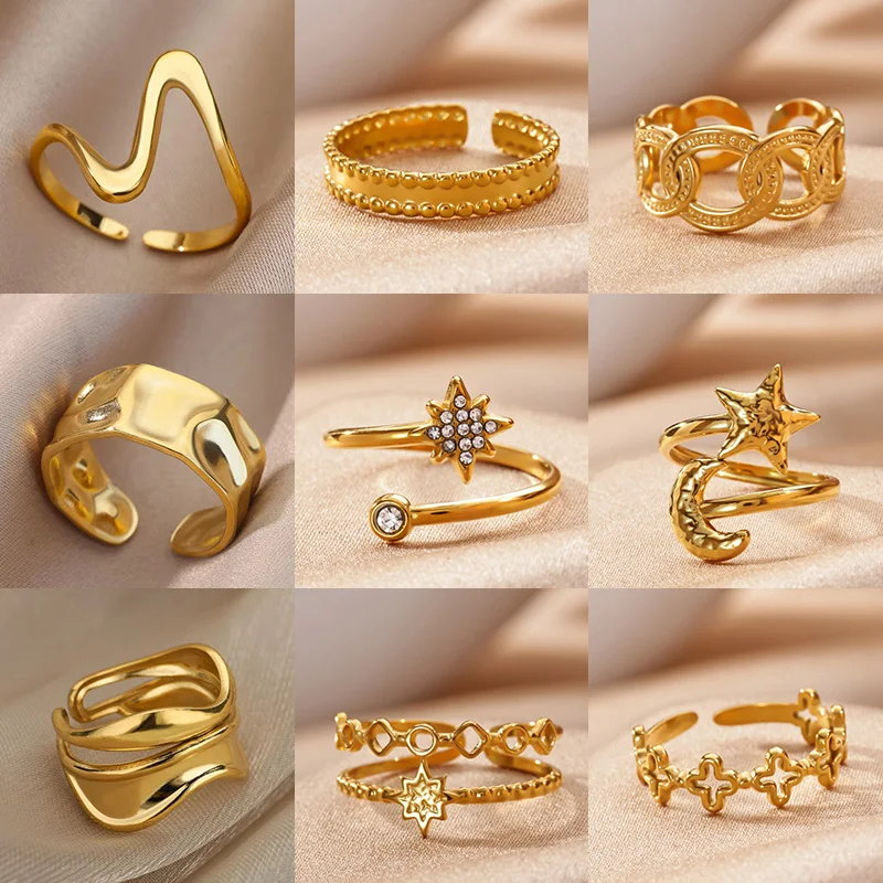 Zircon Starburst Rings For Women Gold Plated Stainless Steel Multi-Element Geometric Ring Wedding Party Aesthetic Jewelry Gift 2