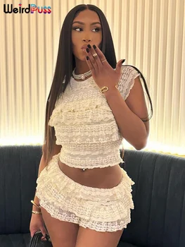Weird Puss Sexy Tierred Women 2Piece Set Summer Elegant Thin Ruffles Tnak Top+Shorts Skirts Midnight Concert Party Matching Suit