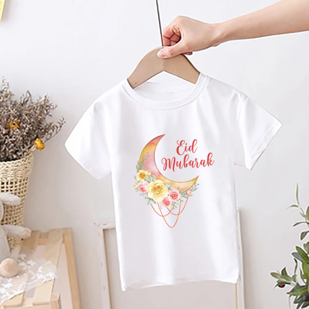 Eid Mubarak Moon Flower Printed Kids Shirts Islamic Muslim Holiday Boys Girls Short Sleeve Outfit Child Eid Ramadan T-shirt Tops 6