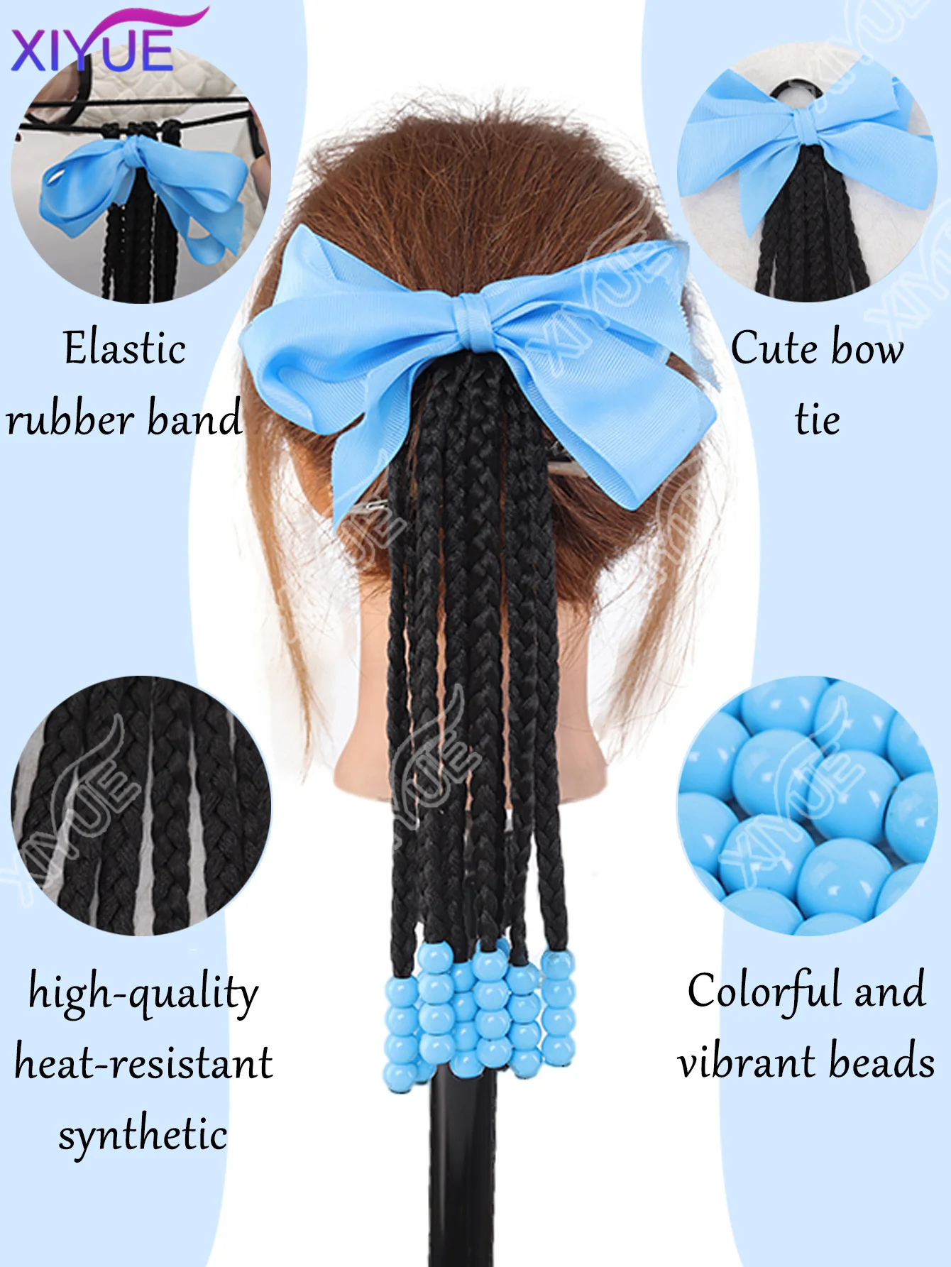 XIYUE 구슬과 리본이 달린 땋은 포니테일 헤어 익스텐션, 여성용 패션 비즈 땋은 포니테일 헤어피스 데일리 파티 코스프레
