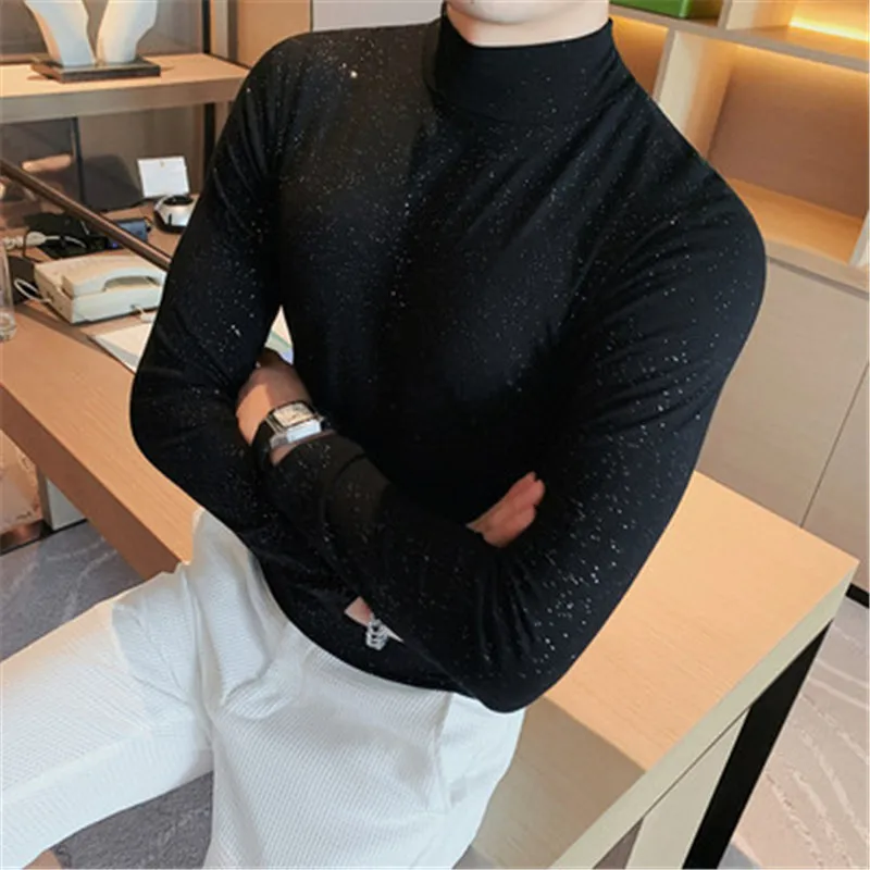 

Cotton Undershirts Men Long Sleeve T-shirt Base Tees Shining Half Turtleneck Top Social Youth Man Clothing Camisetas Fall Winter