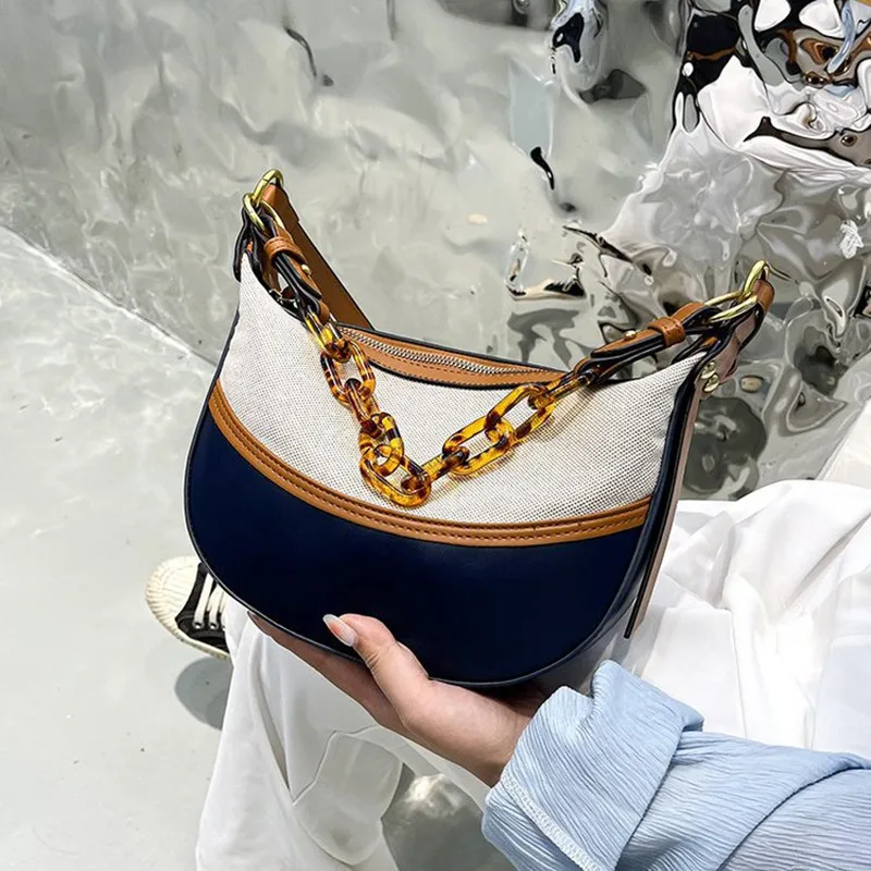 Shoulder Bags For Women 2023 New  Trend Fashion Canvas Leather Handbag Female Chain Half Moon Armpit Bag Free Shipping