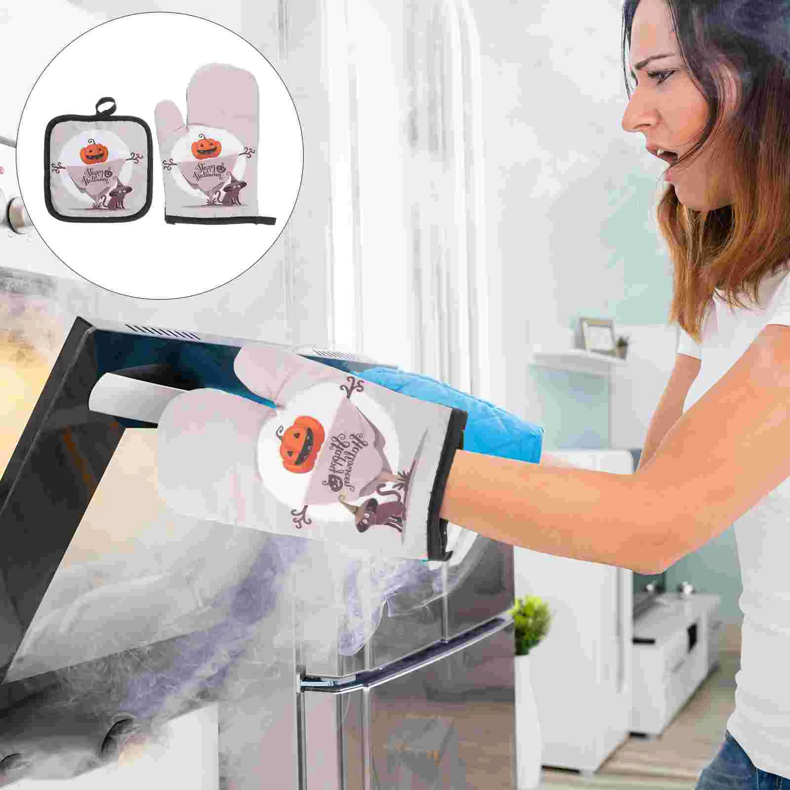 

Oven Mitts Halloween Heat-resistant Mitten Glove for Grilling Gloves Cartoon Pot Holder Kitchen Polyester