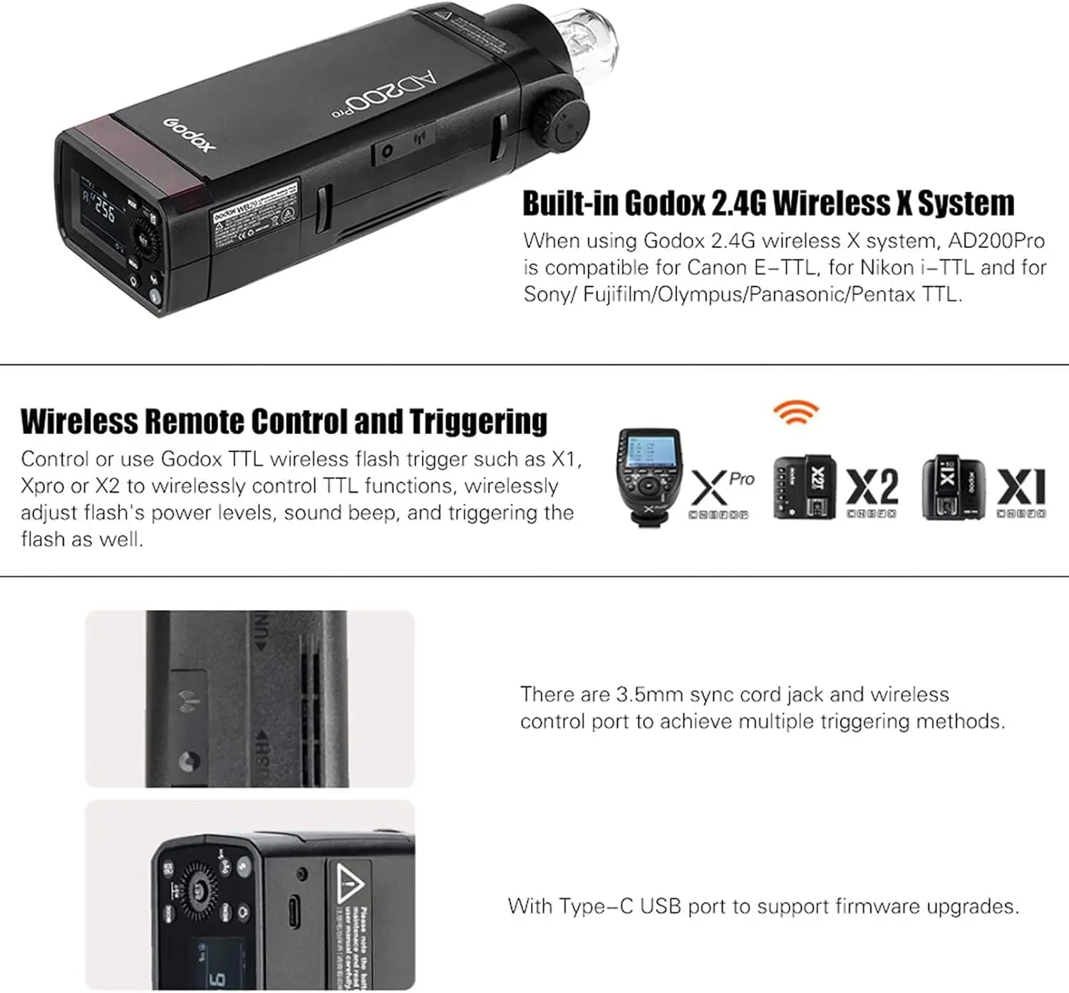 Godox AD200 Pro AD200Pro Flash Strobe TTL Pocket Flash Monolight 200W 2.4G Speedlite HSS 1/8000s with 2900mAh Li-ion Battery