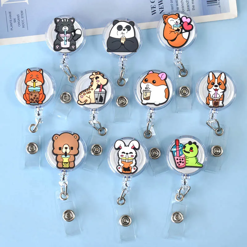 Badge Holder Retractable Badge Reel Retractable ID Lanyard Retractable ID Tag 1 Piece Cartoon Animals Panda Fox Retractable Nurse Doctor Badge Reel Clips Hospital Medical Students ID Name Card Holder