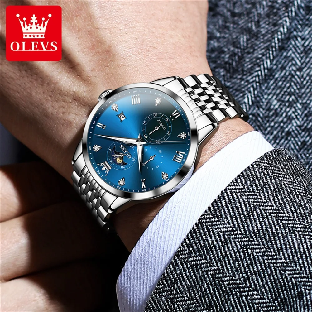 OLEVS 2925 Men's Watch Roman Scale Date Quartz Watch For Men Chronograph Moon Phase 24 Hours Display Male Wristwatch Waterproof