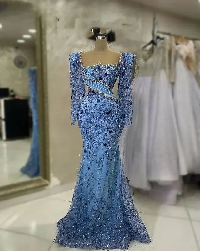 

Sparkly Blue Beaded Party Dresses Middle East Long Sleeves Mermaid Formal Evening Dress Birthday Engagement Gowns Custom Made