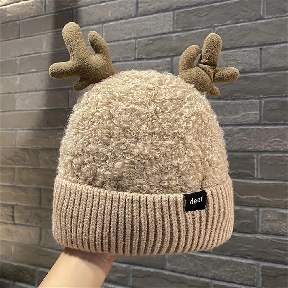 

Warm Knitted Beanie Hat Women Men Autumn Winter Cute Antler Deer Horn Bonnet Caps Casual Outdoor Thickened Ear Protection Solid